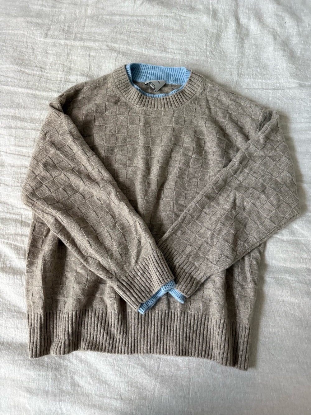 Reformation Taupe Crewneck Sweater with Light Blue Trim